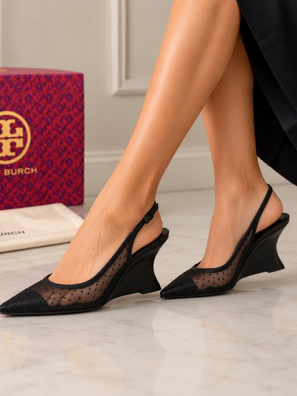 NWOT Tory Burch Black Pointed Doible T Polka Dot Mesh Slingback Wedge US6.5